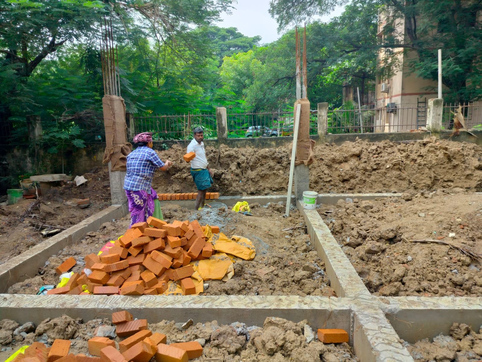 Brickwork construction process at site in Chennai