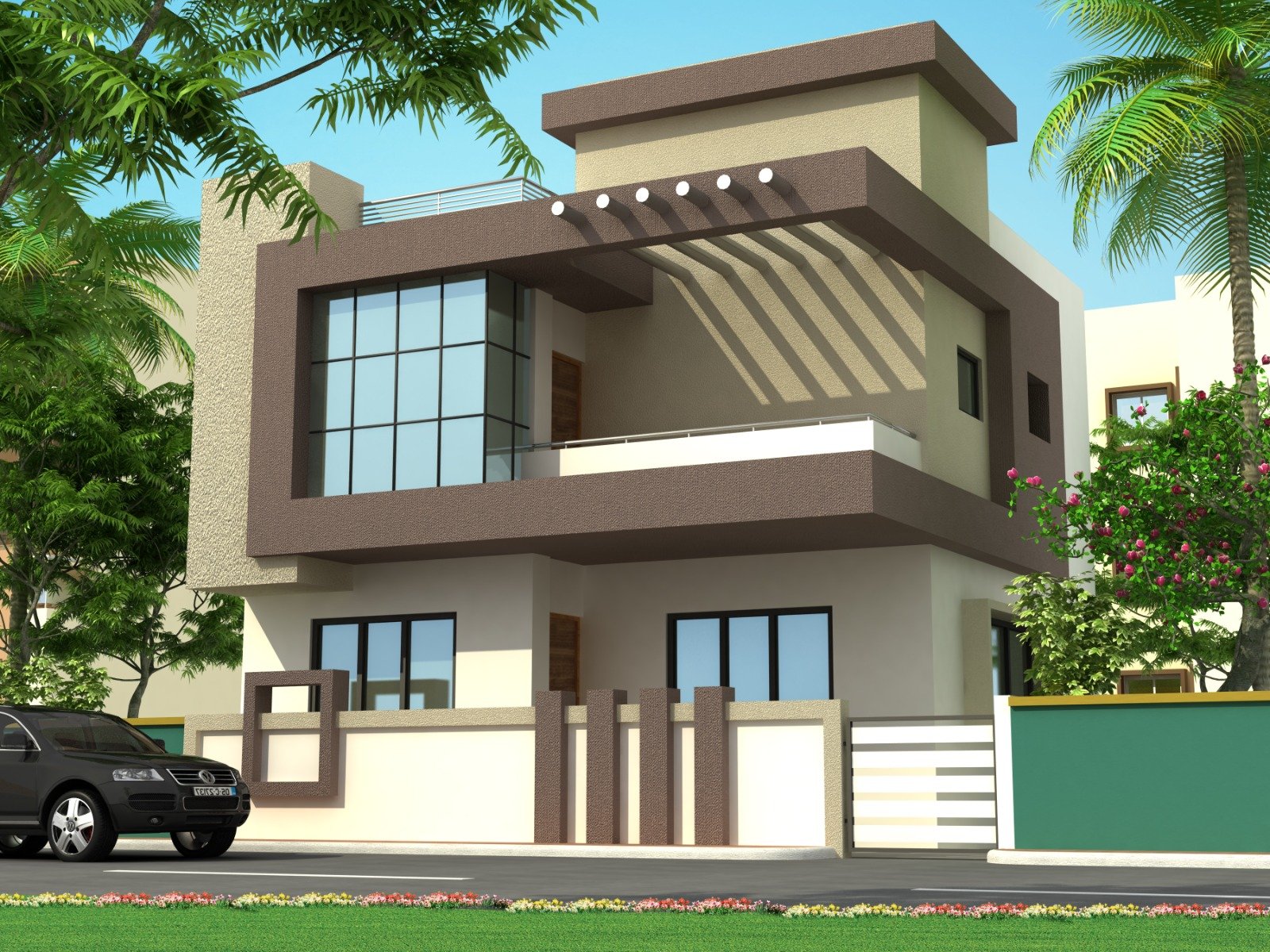 Contemporary residential exterior design with balcony in Tamil Nadu by VRN Aishwaryam Constructions