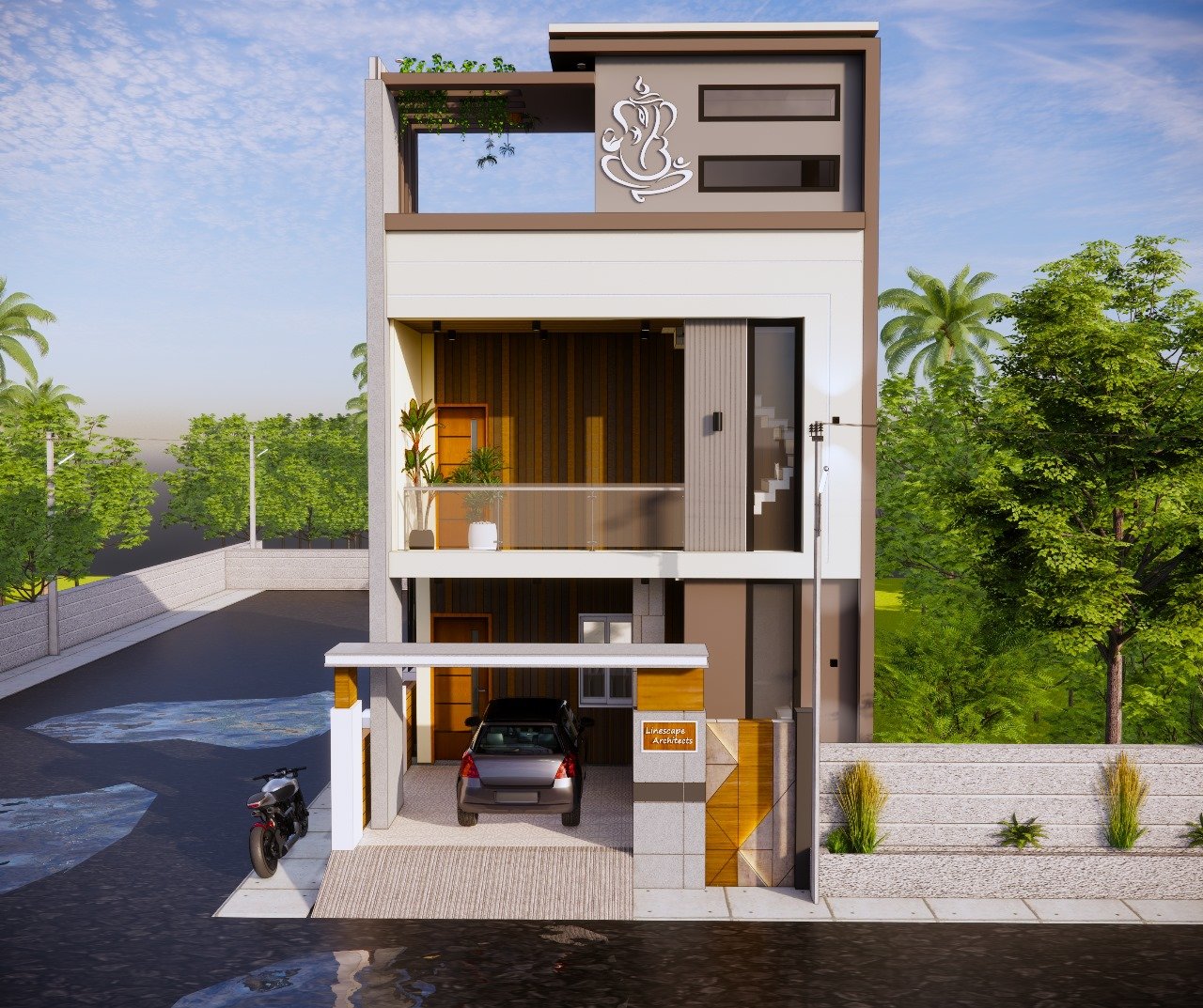 Modern duplex house 3D elevation with car parking and balcony in Chennai
